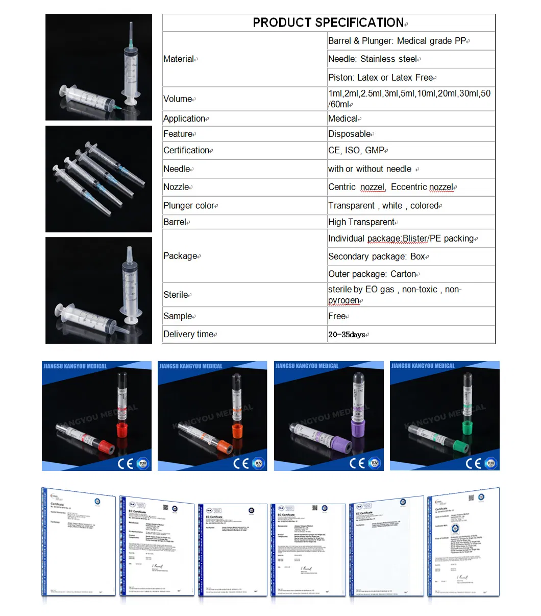 CE Approved Disposable Hypodermic Hypodermic Medical Injection Syringe Needles