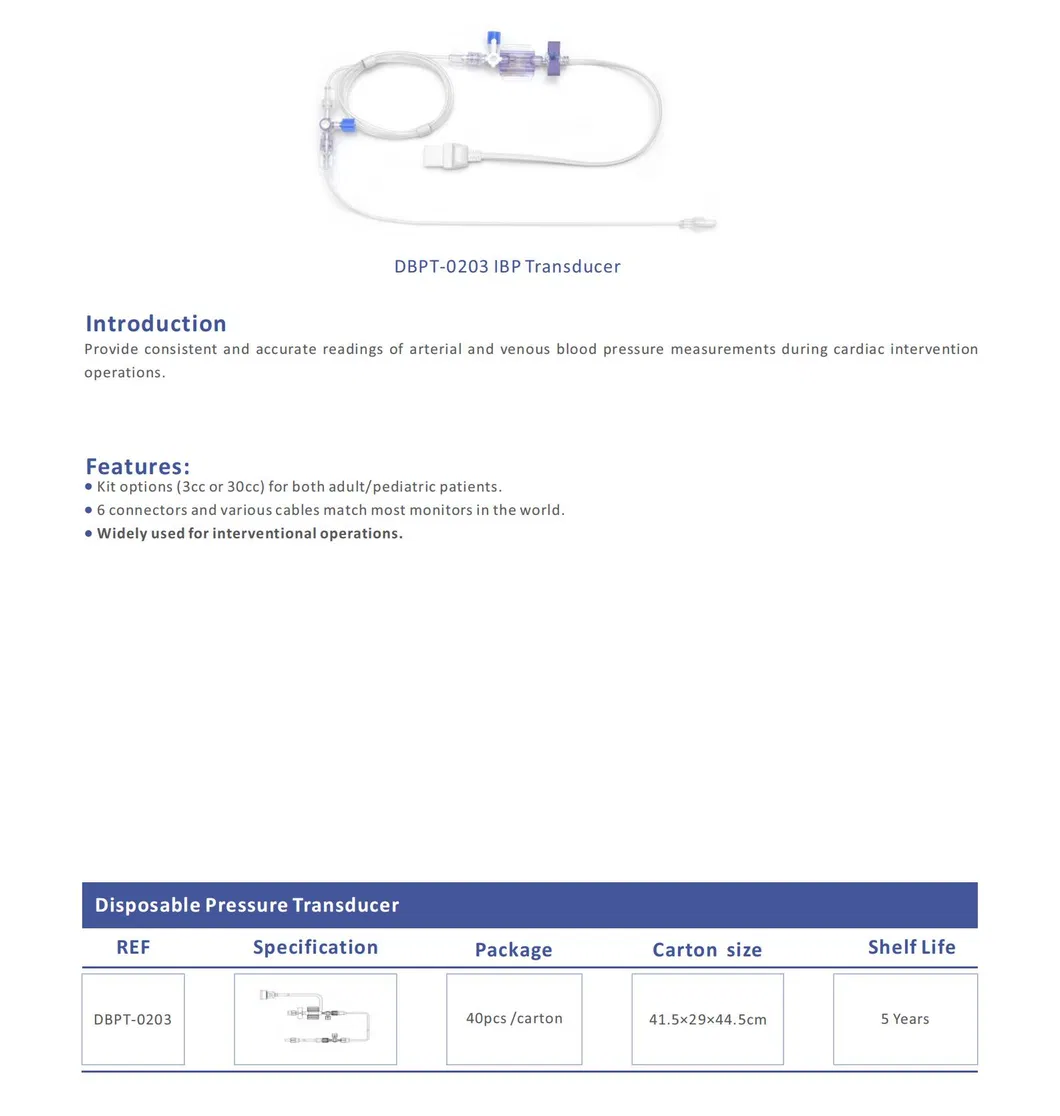 CE for Both Adult/Pediatric Patients Supply Disposable Blood Pressure Medical Transducer