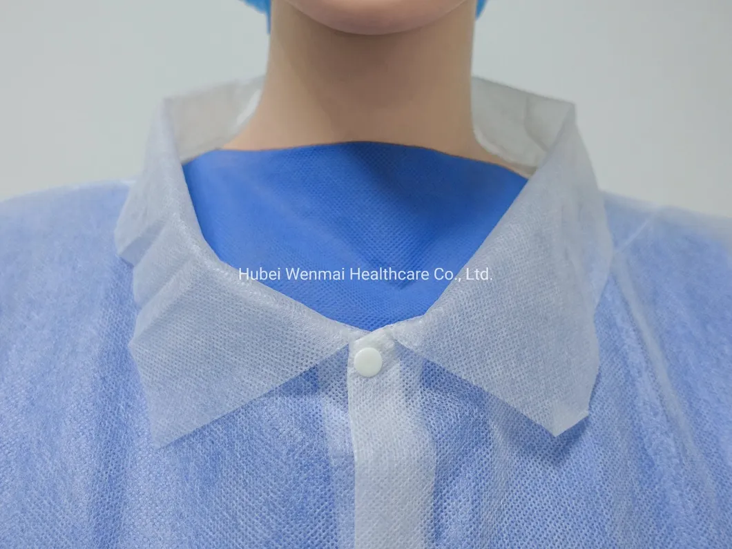 Disposable PP SMS Non Woven Lab Coat with Knitted Cuffs and Collar