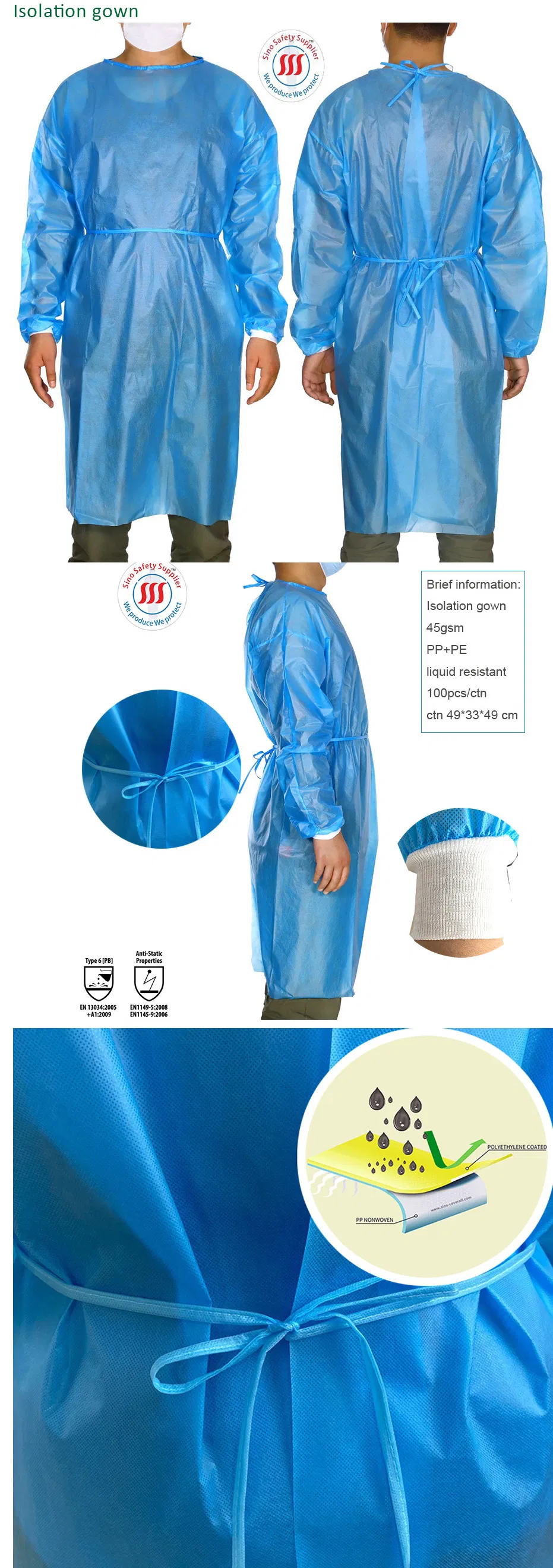 Level 1/2/3/4 Medical Use Disposable Isolation Gown