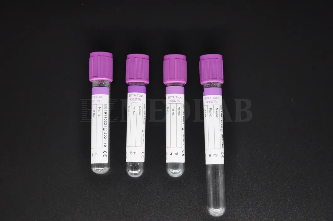 Medical Disposable Vacuum Blood Collection Pet Glass EDTA K2 K3 Tube Purple Cap