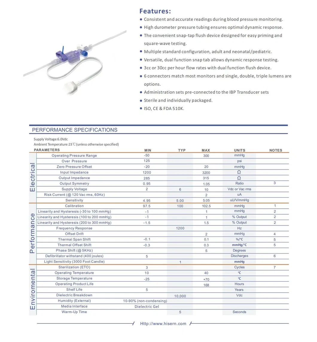 Medical Instrument China Factory Dbpt-1003 Hisern Medical Disposable Blood Pressure Transducer