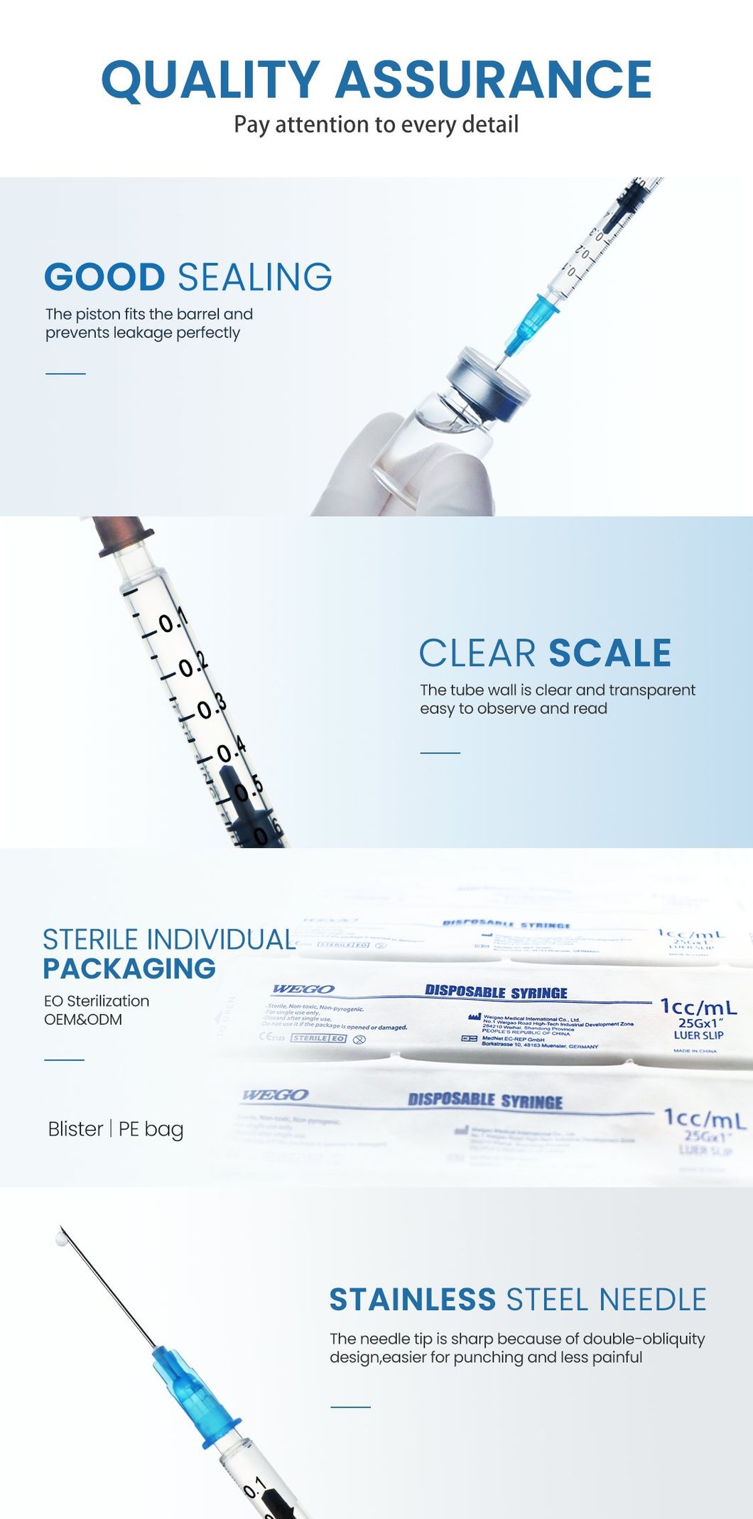 Wego CE Approved Sterile Disposable 1cc Syringe with Needle Manufacturer Hypodermic Syringes